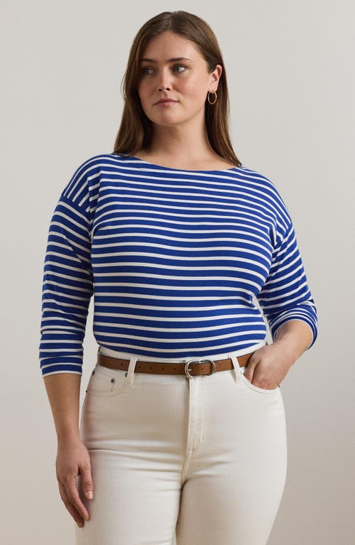 Ralph Lauren Lauren Stripe Cotton Boat Neck T-shirt In New Sapphire/white