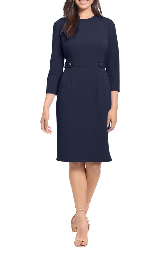 London Times Button Waist 3/4 Sleeve Sheath Dress In Blue