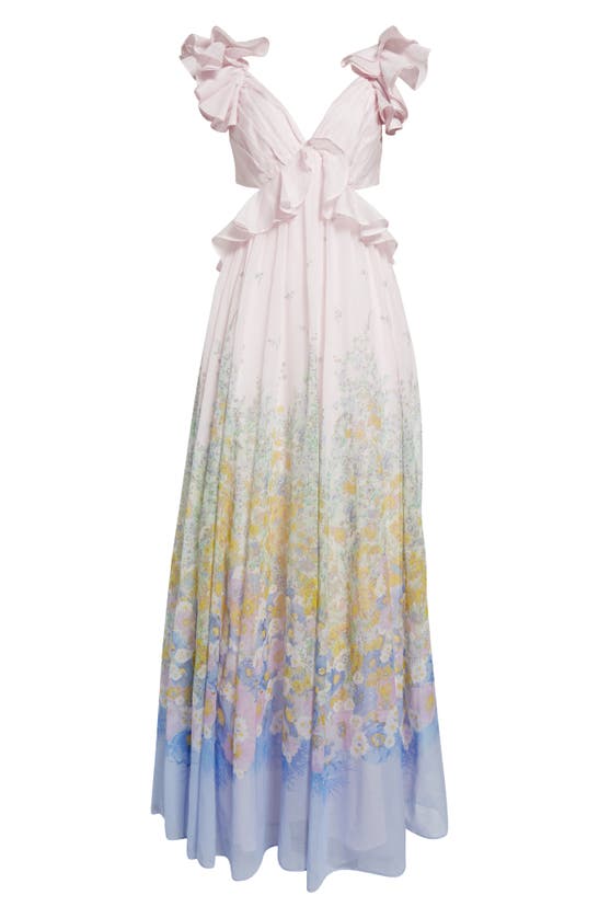 Shop Zimmermann Floral Ruffle Linen & Silk Gown In Blue Meadow