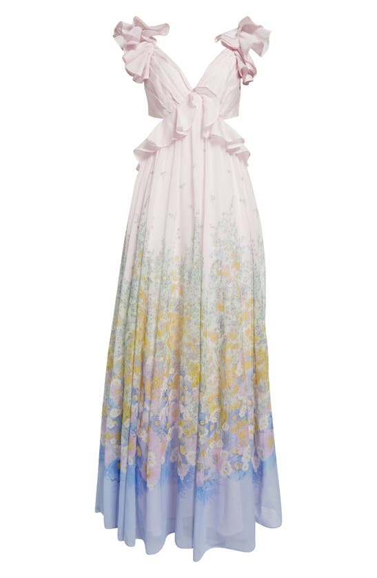 Zimmermann Floral Ruffle Linen & Silk Gown In Blue Meadow