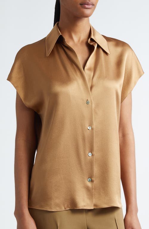 Shop Vince Cap Sleeve Gathered Back Short Sleeve Silk Button-up Shirt In Light Nile