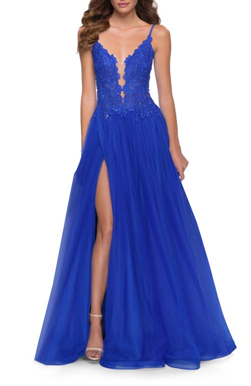 La Femme Floral Embroidered Illusion Plunge Tulle Ballgown Royal Blue at Nordstrom,