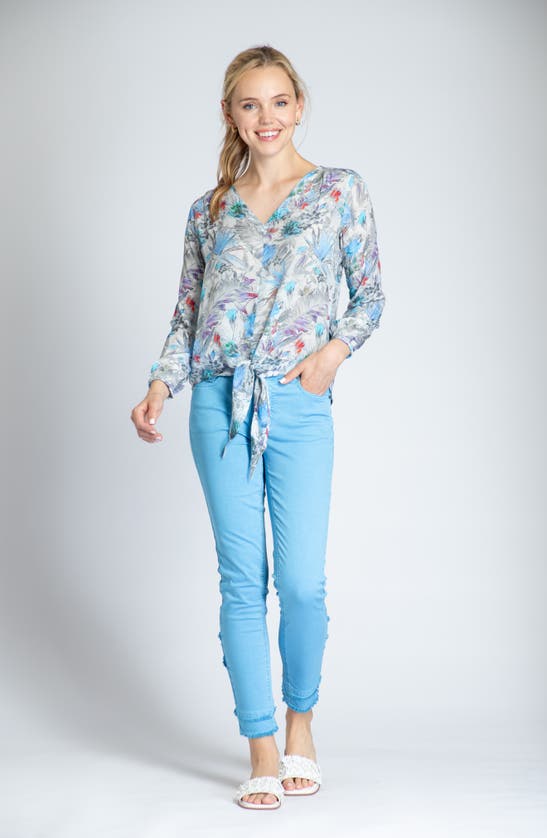 Apny Print V-neck Tie Front Chiffon Top In Grey Multi
