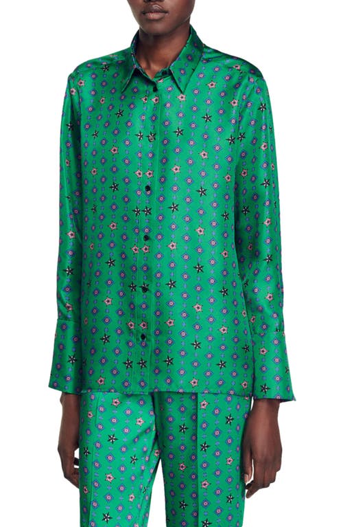 Franie Foulard Print Silk Blouse in Green /Pink