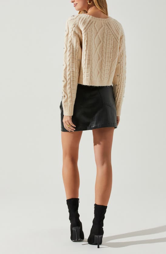 Astr Madison Rhinestone Cable Stitch Crop Sweater In Cream