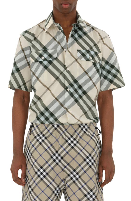 Shop Burberry Check Short Sleeve Cotton Button-up Shirt In Alabaster Ip Check