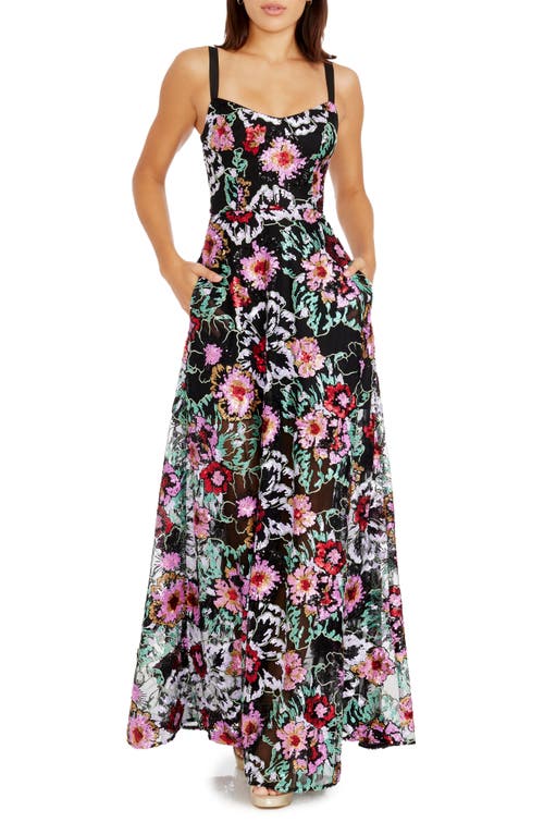 Dress the Population Nina Sequin Floral Fit & Flare Gown Black Multi at Nordstrom,