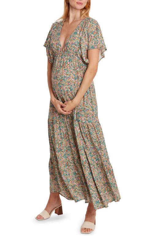 Shop Cache Coeur Victoria Floral Cotton Nursing/maternity Maxi Dress In Beige Multi