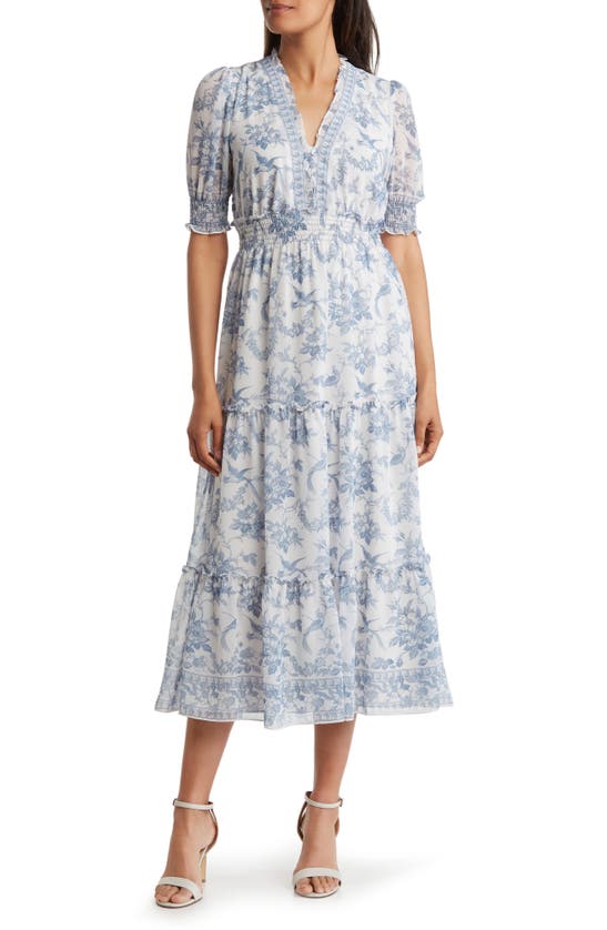 Max Studio Short Sleeve Floral Tiered Dress In Cream/ Blue Floral Toile