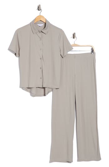 Danskin Double Sided Rib Short Sleeve Knit Pajamas In Limestone