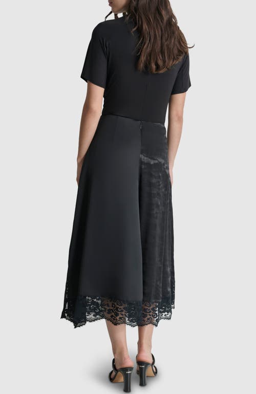 Shop Dkny Mixed Media Lace Trim Midi Skirt In Black/black