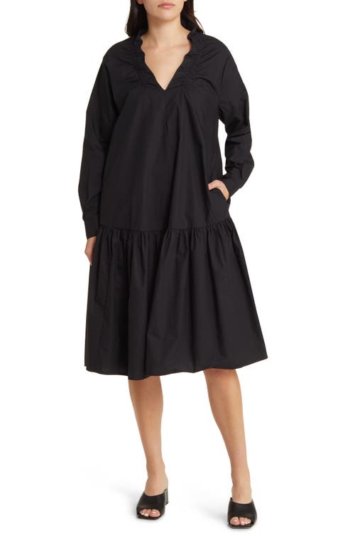 Nerthus Ruffle Long Sleeve Cotton Dress in Black