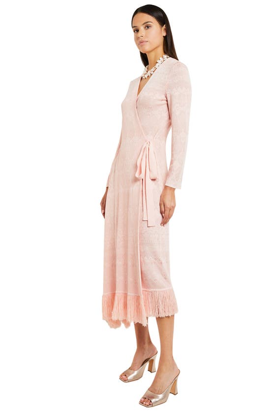 Shop Misook Bracelet Sleeve Jacquard Midi Wrap Dress In Porcelain Pink