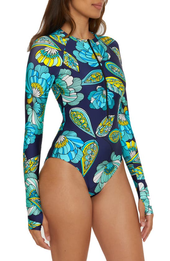 Shop Trina Turk Pirouette Floral Half Zip Long Sleeve One-piece Rashguard Swimsuit In Blue/ Green Multi