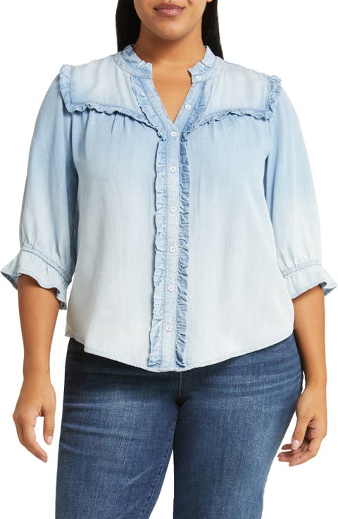 Ruffle Trim Chambray Button-Up Top (Plus) (Nordstrom Exclusive)