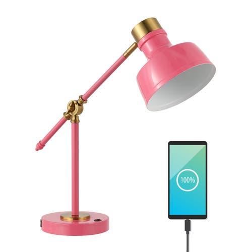 Jonathan Y Allegra Classic Farmhouse Adjustable Cantilever Led Task Lamp With Usb Charging Port In Pink/brass Gold