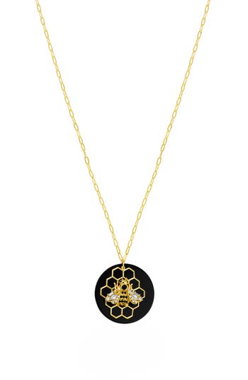 Shop Cz By Kenneth Jay Lane Cubic Zirconia Bee & Honeycomb Pendant Necklace In Black/gold