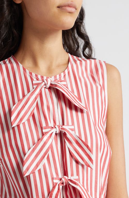 Shop Ganni Stripe Bow Tie Sleeveless Organic Cotton Dress In Barbados Cherry