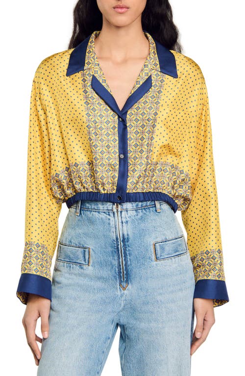 Shop Sandro Short Patterned Flowing Silk Shirt In Yellow/blu