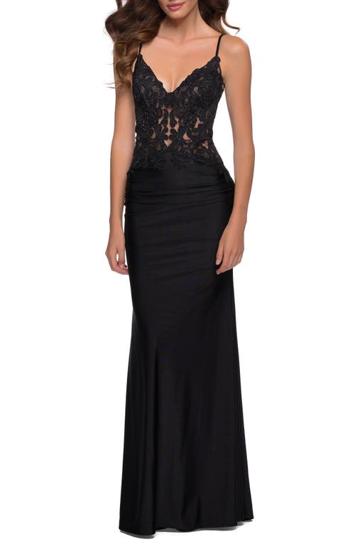 La Femme Shiny Lace Gown Black at Nordstrom,