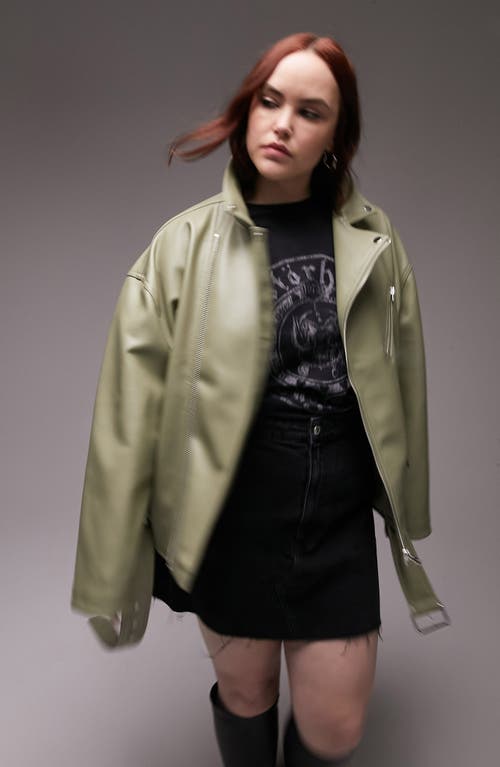 Topshop Curve Oversize Faux Leather Biker Jacket in Light Green