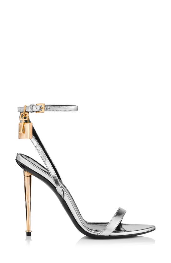 Shop Tom Ford Padlock Naked Metallic Pointy Toe Sandal In 1g004 Silver