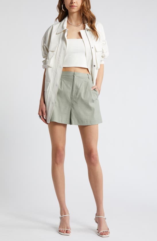 Shop Open Edit High Waist Linen Blend Shorts In Green Halo