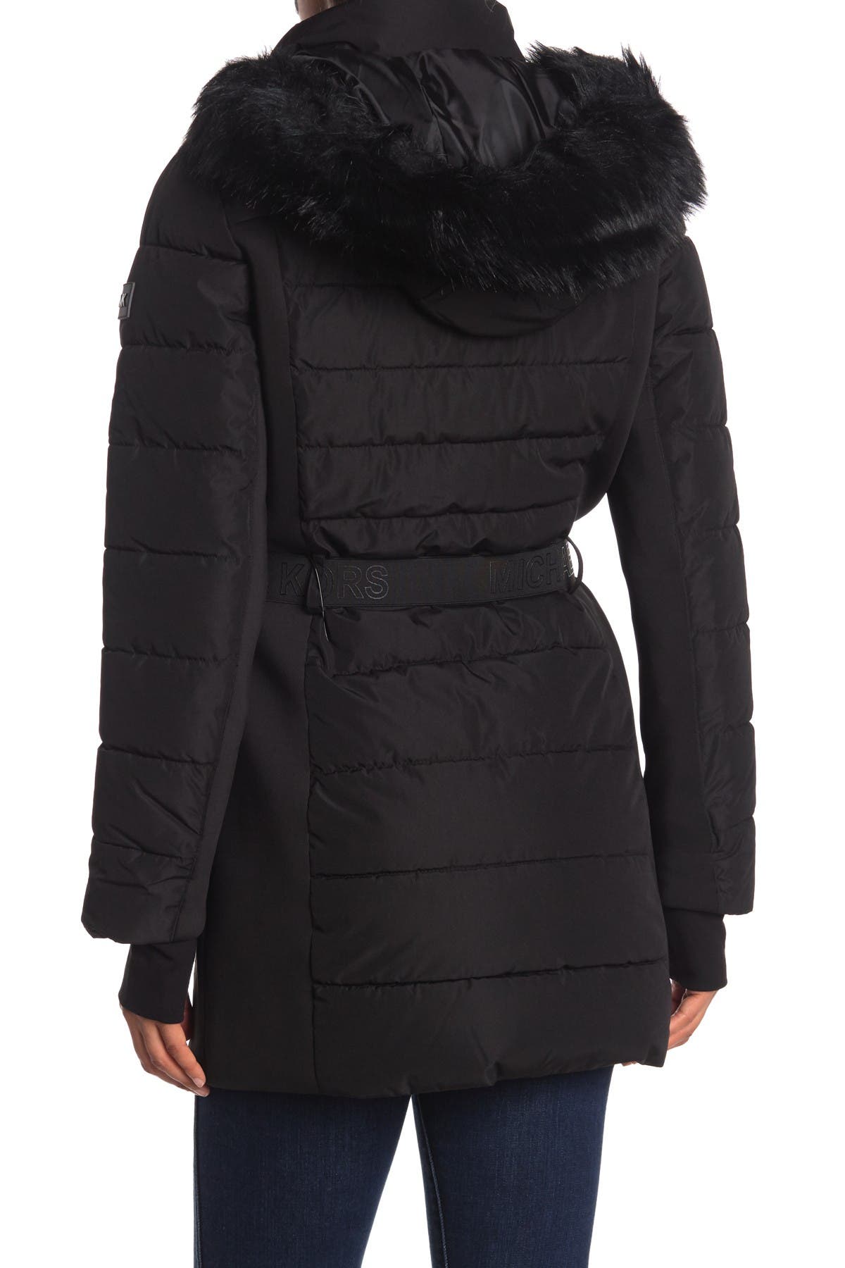 Belted Faux Fur Hood Quilted Jacket 