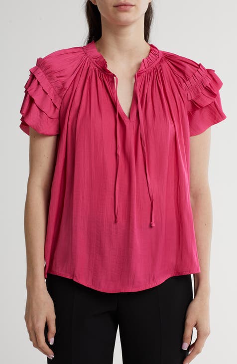 Tie Neck Ruffle Sleeve Top