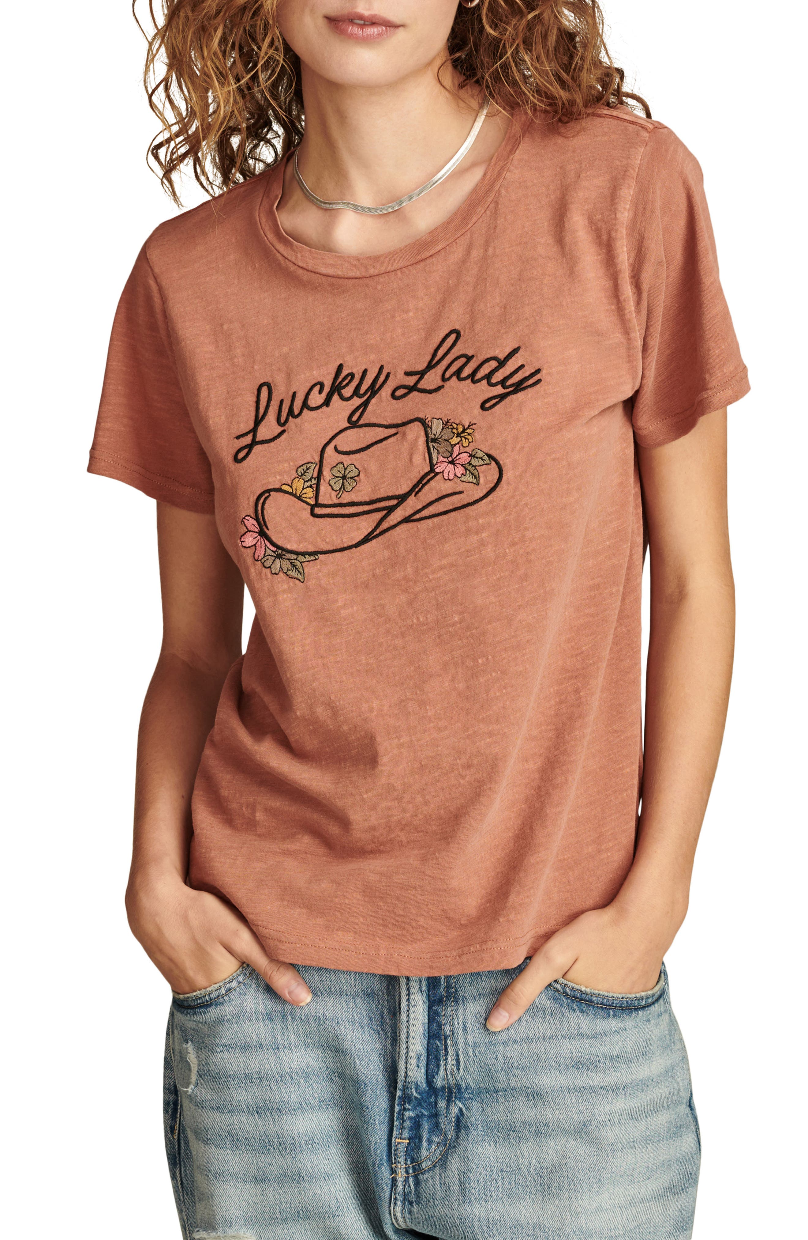 Lucky Brand Feelin' Lucky Cotton Graphic T-Shirt in Copper Brown Cover