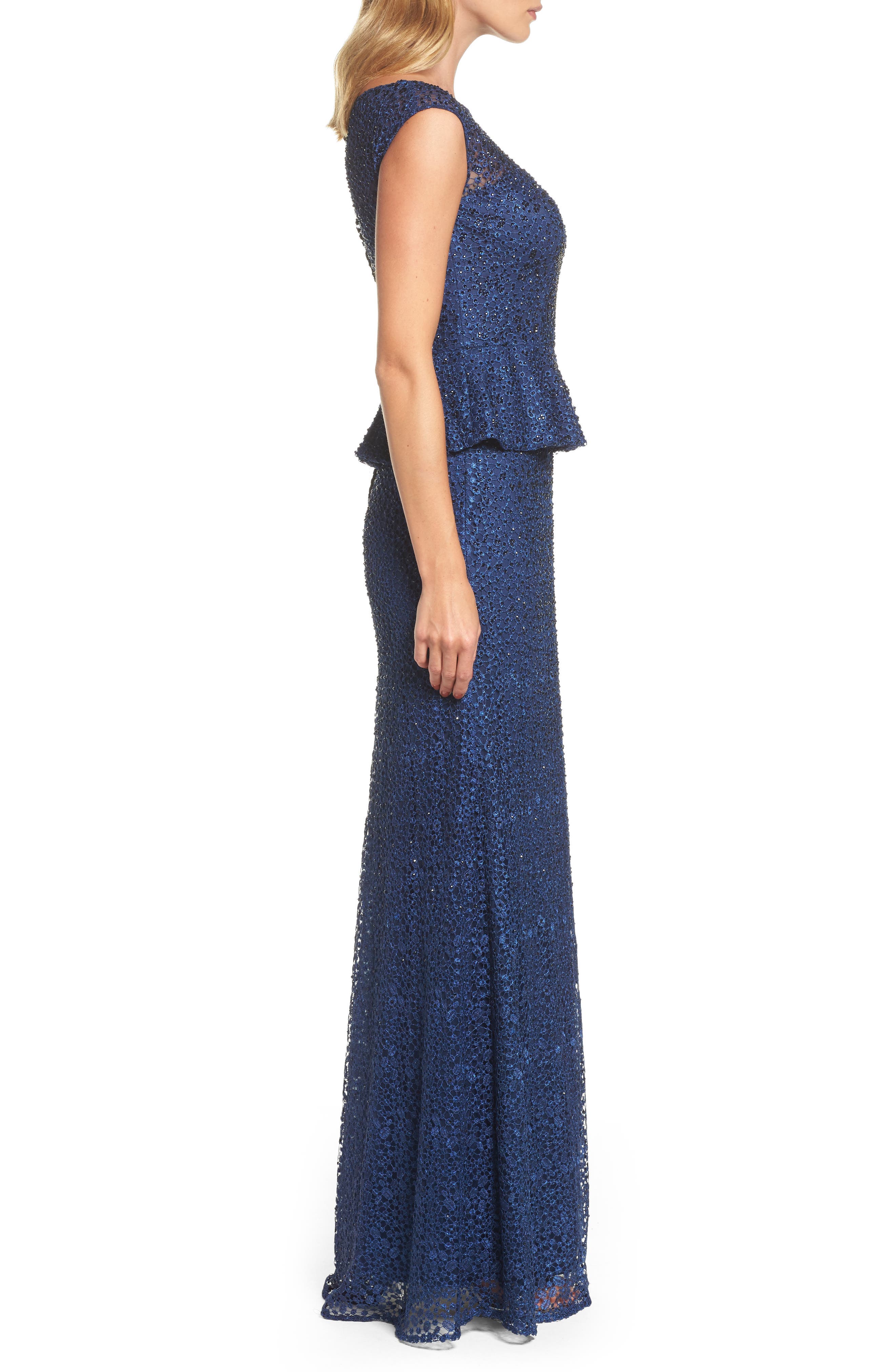 La Femme Embellished Lace Peplum Gown 