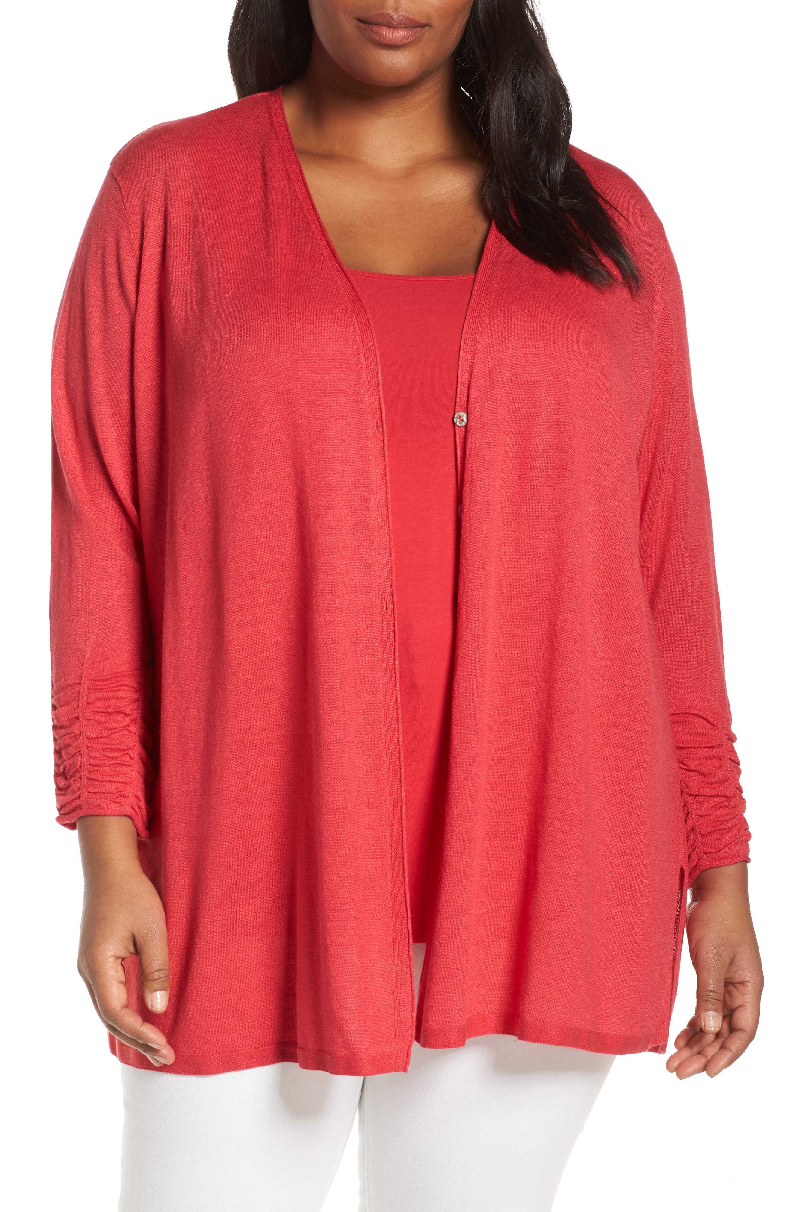 Plus Size Nic+Zoe Ruched Sleeve Linen Blend Cardigan, Red