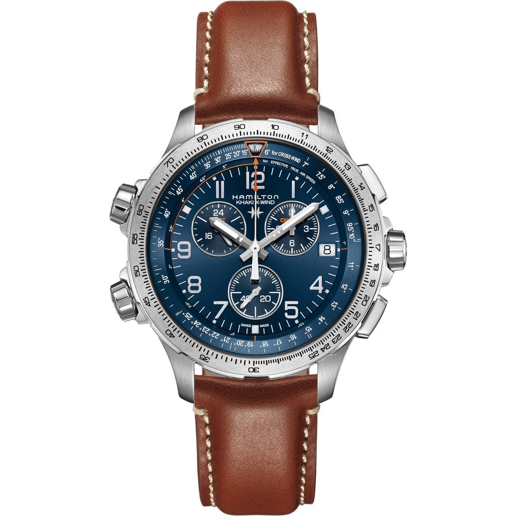 Hamilton Khaki Aviation X-wind Chronograph Gmt Leather Strap Watch, 46mm In Brown