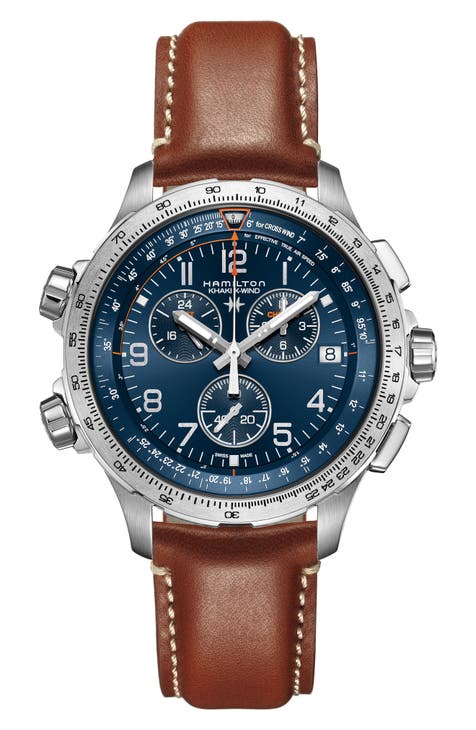Khaki Aviation X-Wind Chronograph GMT Leather Strap Watch, 46mm