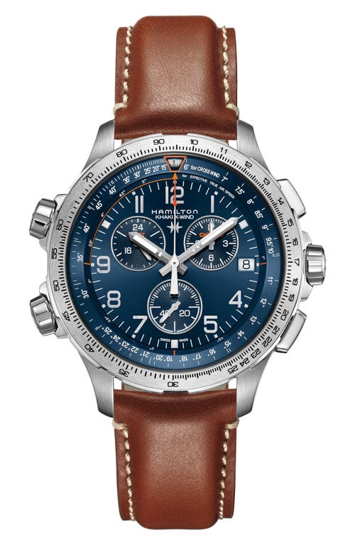 Hamilton Khaki Aviation X-wind Chronograph Gmt Leather Strap Watch, 46mm In Brown/blue/silver