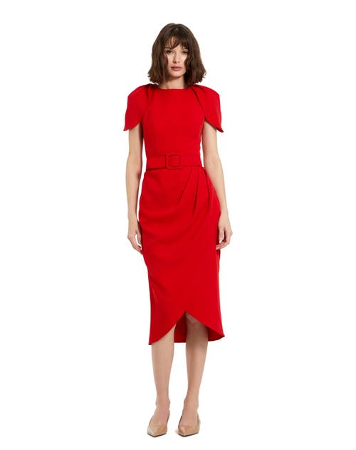 Mac Duggal Crepe High Neck Midi Tulip Dress With Belt In Cherry