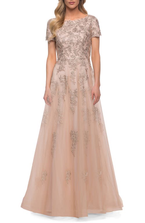 La Femme Lace & Tulle A-Line Gown Nude at Nordstrom,