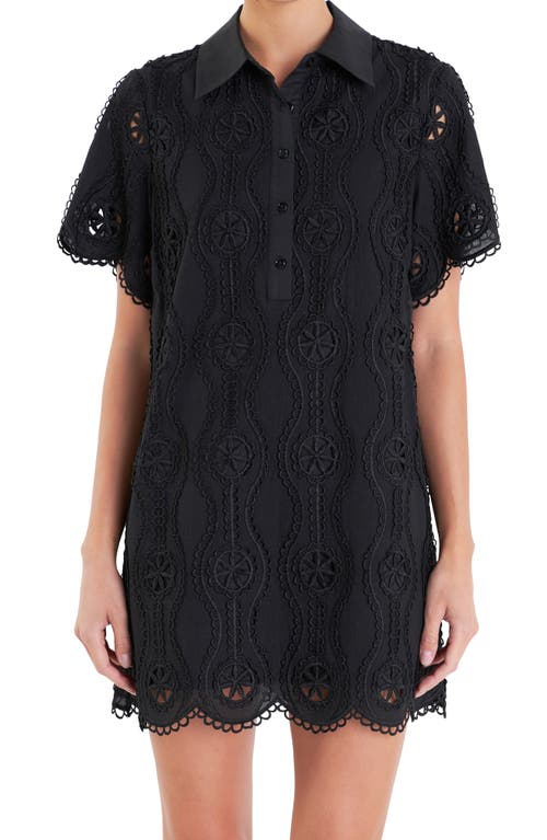 English Factory Embroidered Cotton Blend Mini Shirtdress In Black