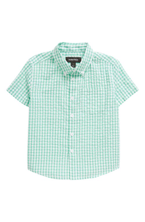 Nordstrom Kids' Gingham Short Sleeve Cotton Button-Down Shirt Teal Stone at Nordstrom,