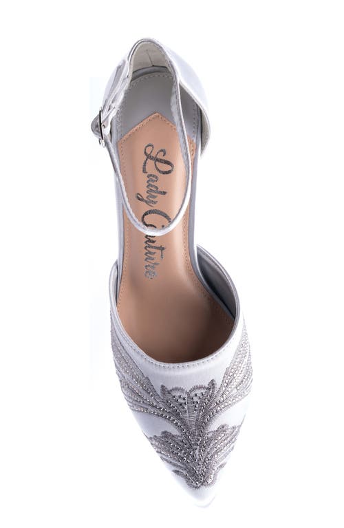 Lady Couture Women's Closed Toe, Closed Back, Open Sides Instep Strap Embroidered Short Heel Pumps In Silver