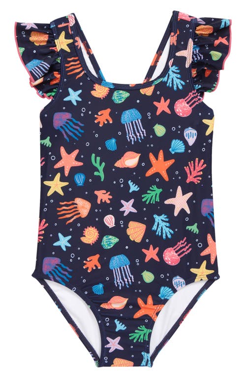 Tucker + Tate Kids' Flutter Sleeve One-Piece Swimsuit in Navy Peacoat Coral Reef