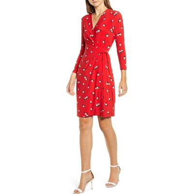 Anne Klein Chatterly Rose Classic Long Sleeve Wrap Dress, Red