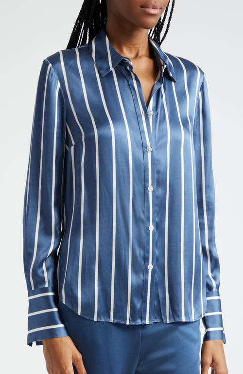 Shop Veronica Beard Monique Stripe Silk Blend Button-up Shirt In Blue Stone Off-white