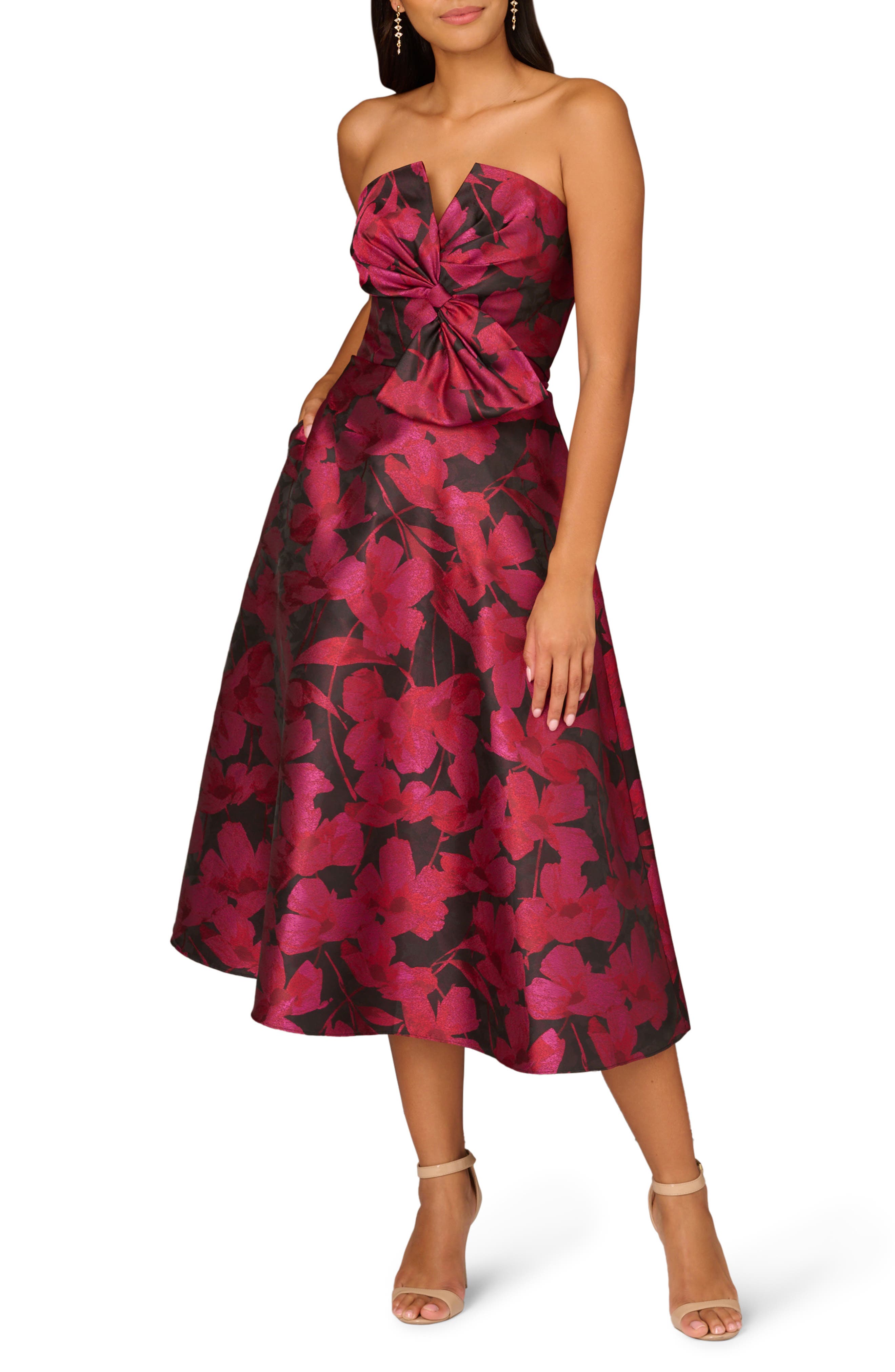 Aidan Mattox by Adrianna Papell Floral Jacquard Strapless Midi Cocktail  Dress | Nordstrom