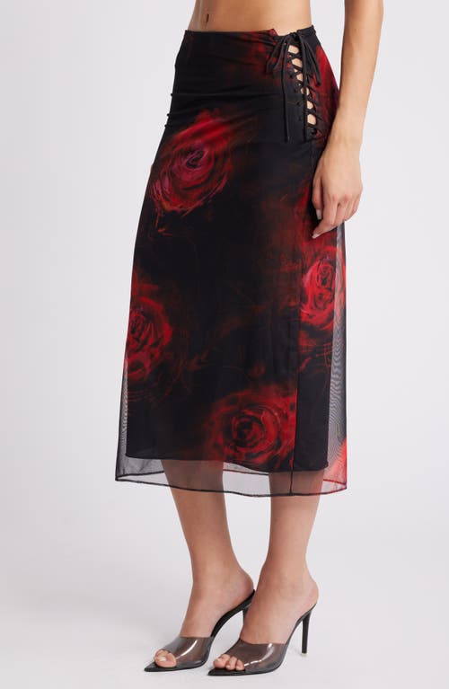 Mistress Rocks Rose Lace-up Mesh Midi Skirt In Black Rose Print