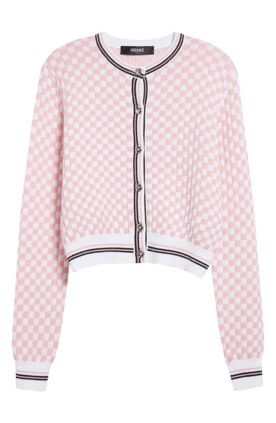 Shop Versace Check Wool Blend Jacquard Cardigan In Pink