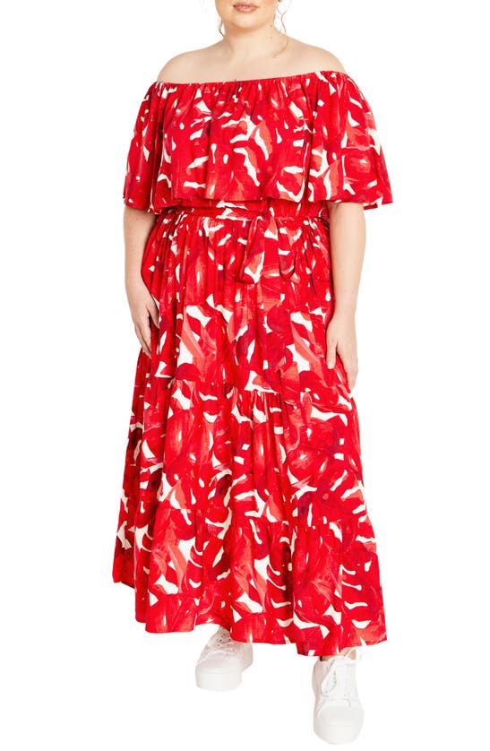 City Chic Boardwalk Off The Shoulder Midi Dress In Crimson Palm