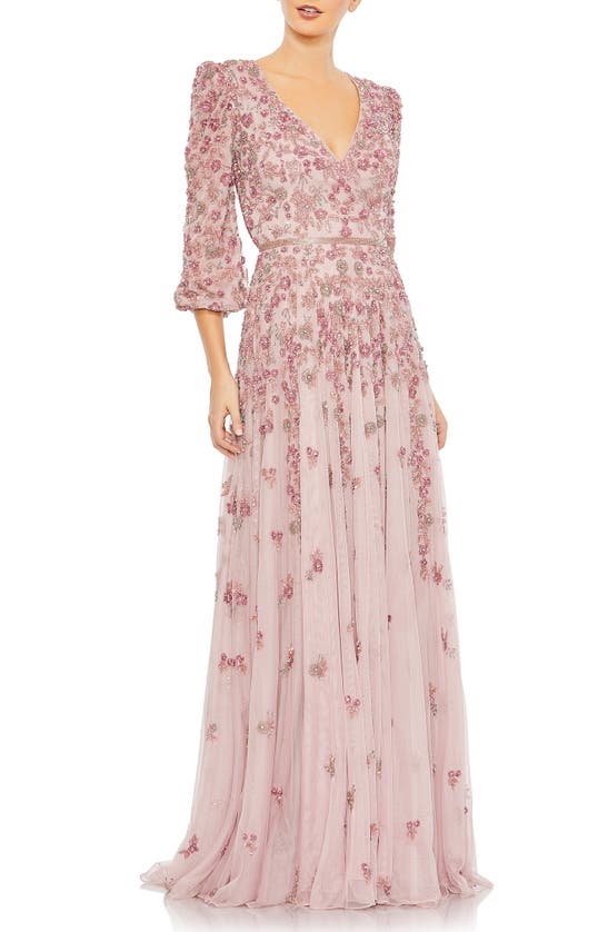 Mac Duggal Beaded Floral A-line Gown In Rose