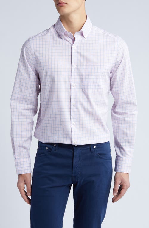 Windowpane Check Stretch Cotton Button-Down Shirt in Pink