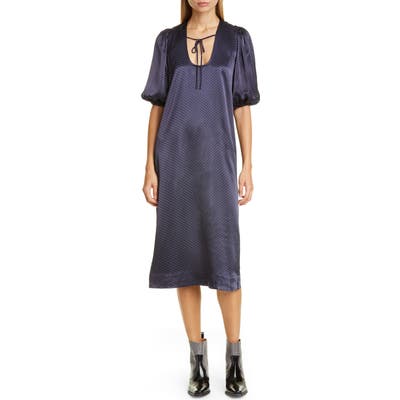 Ganni Polka Dot Heavy Satin Midi Dress, US / 4 - Blue